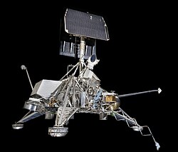 An engineering model of Surveyor 3, S-10, used for thermal control tests. It was reconfigured to represent a flight model of Surveyor 3 or later, since it was the first to have a scoop and claw surface sampler. (National Air and Space Museum)