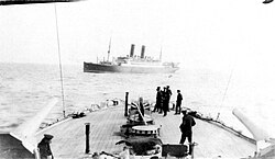 HMCS Niobe stops a liner for contraband inspection off the American coast, 1914–1915
