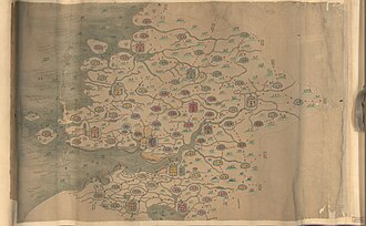A mid-Qing map of Zhejiang Provinces, with all prefecture capitals indicated (杭州府 Hangzhou-fu, 温州府 Wenzhou-fu, 金华府 Jinhua-fu, etc.). Directions are reversed; south is on top and east is on the left.