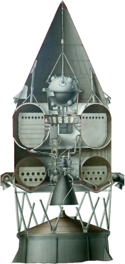 Luna 1 Blok E upper stage and payload configuration.