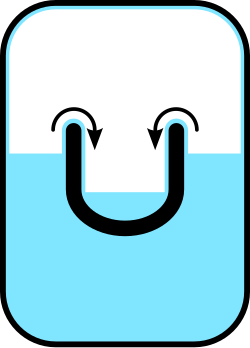 A cross-sectional drawing showing one vessel inside another. There is a liquid in the outer vessel, and it tends to flow into the inner vessel over its walls.