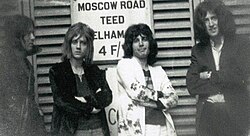 Queen in 1970. Left to right; Mike Grose (who was the first of the band's three early bass players before John Deacon joined in 1971), Roger Taylor, Freddie Mercury and Brian May
