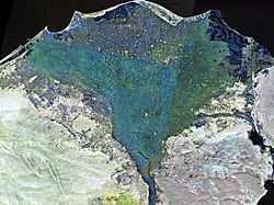 NASA satellite perspective, in false color, the River Nile Delta.