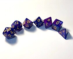 D&D uses polyhedral dice to resolve in-game events. These are abbreviated by a 'd' followed by the number of sides. Shown from left to right are a d20, d12, d%, d10, d8, d6, and a d4. A d% and d10 can be rolled together to produce a number between 1 and 100.