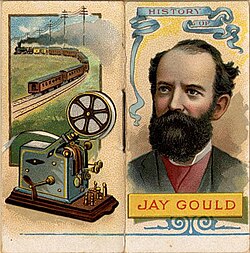 Cover of "History of Jay Gould," part of the set of 50 card-size booklets, Histories of Poor Boys Who Became Rich and Other Famous People, produced by Duke, Sons & Co. in 1888