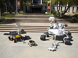 MSL mockup compared with the Mars Exploration Rover and Sojourner rover by the Jet Propulsion Laboratory on May 12, 2008