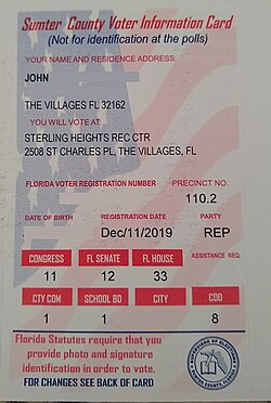 A Florida Sumter County Voter Information Card