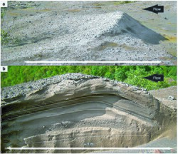 Dune bedform formed by the pyroclastic currents related to the 2006 eruption of Tungurahua (Ecuador). A. Outer shape of a lunate dune bedform and B. internal lamination. Preferential aggradation is visible on the upstream face (backset laminations).[6]
