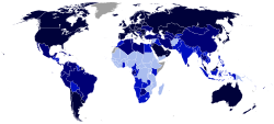 Human Development Index map. Darker is higher. Countries with a higher HDI usually have a lower birth rate, known as the fertility-income paradox.