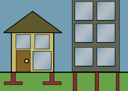 Shallow foundations of a house and the deep foundations of a skyscraper
