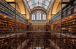 Main reading room of the Rijksmuseum Research Library is the largest public art history research library in the Netherlands. The library is part of the Rijksmuseum in Amsterdam.