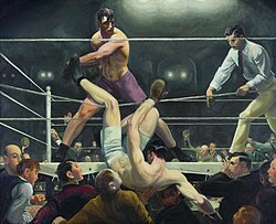 Luis Ángel Firpo sending Jack Dempsey outside the ring illustrated in a June 1924 painting by George Bellows