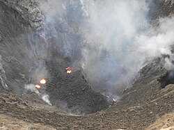 A landslide deposit obstructing a lava lake in the north crater of Mount Yasur on Tanna Island, Vanuatu