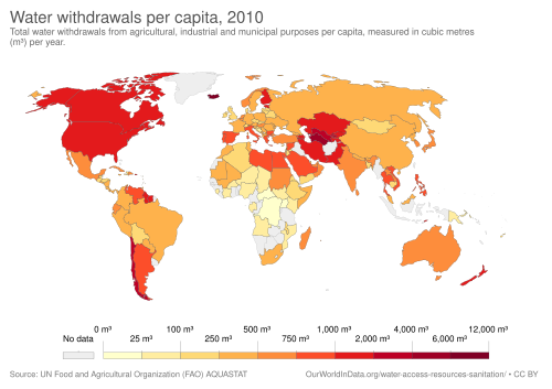Total water withdrawals for agricultural, industrial and municipal purposes per capita, measured in cubic metres (m3) per year in 2010[126]