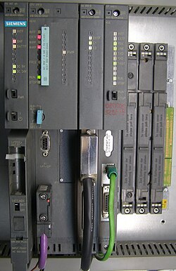 PLC system in a rack, left-to-right: power supply (PS), CPU, interface module (IM) and communication processor (CP)