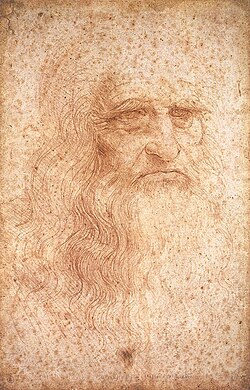 Leonardo da Vinci, seen here in a self-portrait, has been described as the epitome of the artist/engineer.[140] He is also known for his studies on human anatomy and physiology.