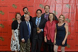 A Peabody Award for Reveal: The VA's Opiate Overload. L to R: Kerri Hoffman, Ben Adair, John Barth, Aaron Glantz, Jake Shapiro, Susanne Reber and Amy Pyle (2015)
