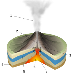 A scheme of a phreatic eruption: 1: water-vapor cloud, 2: magma conduit, 3: layers of lava and ash, 4: stratum, 5: water table, 6: explosion, 7: magma chamber