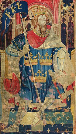 Medieval tapestry showing King Arthur, a legendary ancient British ruler who had a leading role in the Matter of Britain, a national myth used as propaganda for the ancestral origins of the British royal family and their British subjects