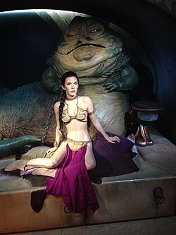 Waxwork of Fisher as Princess Leia (and Jabba the Hutt) from Return of the Jedi, Madame Tussauds, London