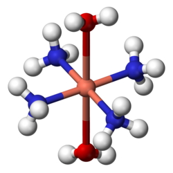 Ball-and-stick model of the complex [Cu(NH3)4(H2O)2]2+, illustrating the octahedral coordination geometry common for copper(II)