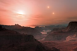 An artist's impression of GJ 667 Cc, a potentially habitable planet orbiting a red dwarf constituent in a trinary star system