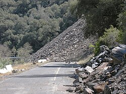 The Ferguson Slide is an active landslide in the Merced River canyon on California State Highway 140, a primary access road to Yosemite National Park.