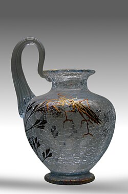 Glass vase with the craquelé effect. The cracks are the result of brief but intense stress created when the semi-molten piece is briefly dipped in water.[10]