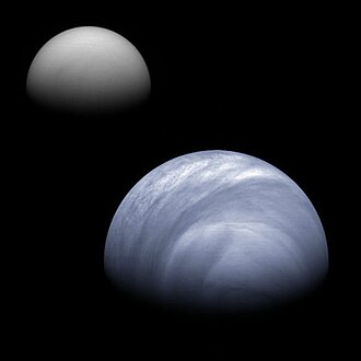 On the left is what the planet looked like in visible light: a nearly featureless orb of highly-reflective clouds. On the right is a shot taken at about the same time through a filter sensitive to ultraviolet light, which the human eye can't see, September 2008
