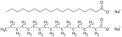 Two equivalent images of the chemical structure of sodium stearate, a typical soap
