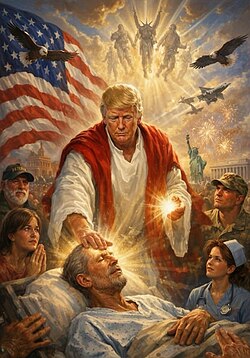 Trump in a white robe and red stole before an American flag, with glowing hands healing a man in a hospital bed. Four people, including a nurse and a soldier, look on while Eagles and fighter planes fly overhead, and in the background fireworks erupt over the Statue of Liberty, and nebulous soldiers and beams of light emanate from clouds.
