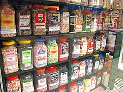 Butterscotch sweets (top row second from left) sold in a shop in Rye, East Sussex, England