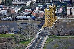 Tower Bridge crosses over the Sacramento River, connecting Sacramento to West Sacramento.