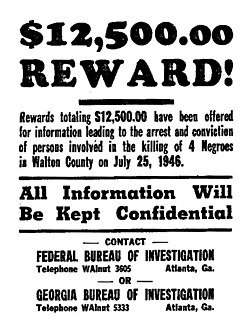 An FBI poster asking the public for information on the 1946 Moore's Ford lynchings in rural Georgia