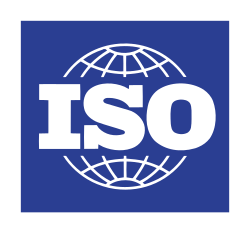 A blue rectangle with a white line drawing of a sphere inside divided longitudinally and latitudinally and emblazoned with the letters "ISO" in white