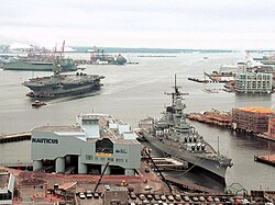 USS Wisconsin, shown moored in Norfolk, Virginia, is one of four Iowa-class battleships open to the public as museums, and was one of two maintained for potential reactivation until 2009.[1]