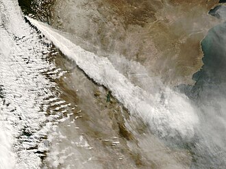 Image of the ash cloud from 2008 eruption stretching into San Jorge Basin in the Atlantic Ocean. MODIS, 2008-05-03.