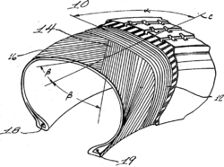 A cross-section of a tire showing ply orientations