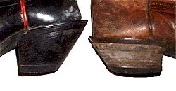 Comparison of the "cowboy" heel and the lower "walking" heel. Both designs are angled slightly, different from the squared-off "roper" heel