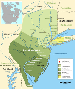 Map showing the aboriginal boundaries of Lenape territories divided by dialect with Munsee speakers in the lightly shaded northernmost area