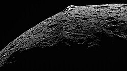 Taken on September 10, 2007, at a distance of 62,331 km (38,731 mi) Iapetus's equatorial ridge and surface are revealed. (CL1 and CL2 filters)