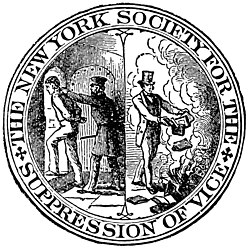 Symbol of the "New York Society for the Suppression of Vice", advocating book-burning