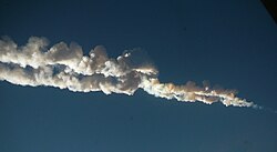 Trail left by the exploding Chelyabinsk meteor as it passed over the city.