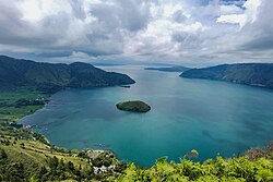 View of a bay in Lake Toba, on the island of Sumatra, Indonesia, which is the largest volcanic lake in the world