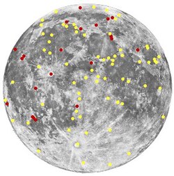 This map, based on a survey of 300 TLPs by Barbara M. Middlehurst and Patrick Moore, shows the approximate distribution of observed events. Red-hued events are in red; the remainder are in yellow.