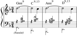 An example of Evans's harmonies. The chords feature extensions like 9ths and 13ths, are laid around middle C, have smooth voice leading, and leave the root to the bassist. Bridge of the first chorus of "Waltz for Debby" (mm.33–36). From the 1961 album of the same name.