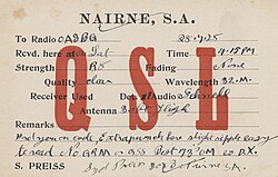 QSL card from Syd Preiss, Nairne, South Australia to VK3BQ Max Howden. Many shortwave listeners printed their own QSL cards to report reception.