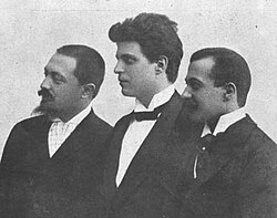 The composer of Cavalleria rusticana, Pietro Mascagni, flanked by his librettists, Giovanni Targioni-Tozzetti and Guido Menasci