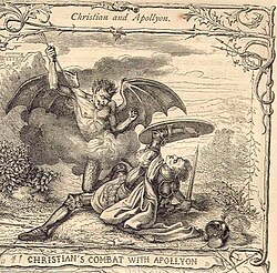 Apollyon (top) battling Christian in John Bunyan's The Pilgrim's Progress