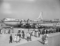 Boeing 377 of American Export Airlines, the first airline to offer landplane flights across the North Atlantic in October 1945.[61]